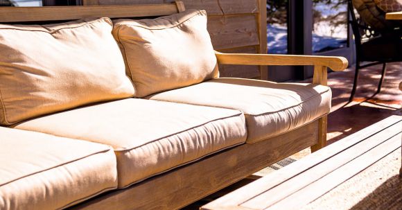 Outdoor Furniture - Brown Wooden Futon Placed Near Coffee Table